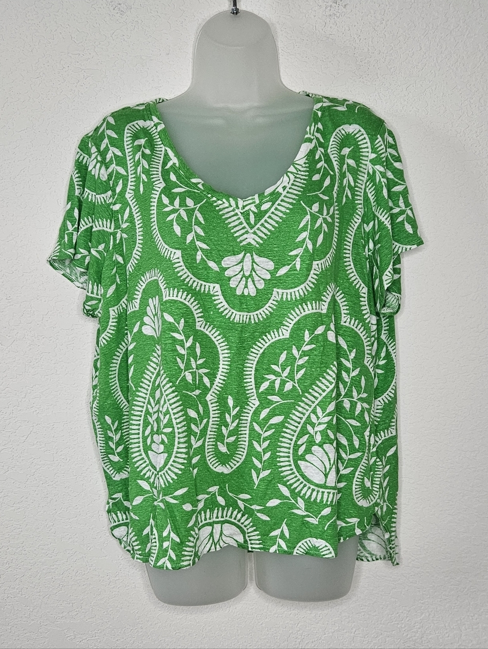 Joie 100% Linen Bright Green White Paisley Floral V-Neck Short Sleeve Top 2X